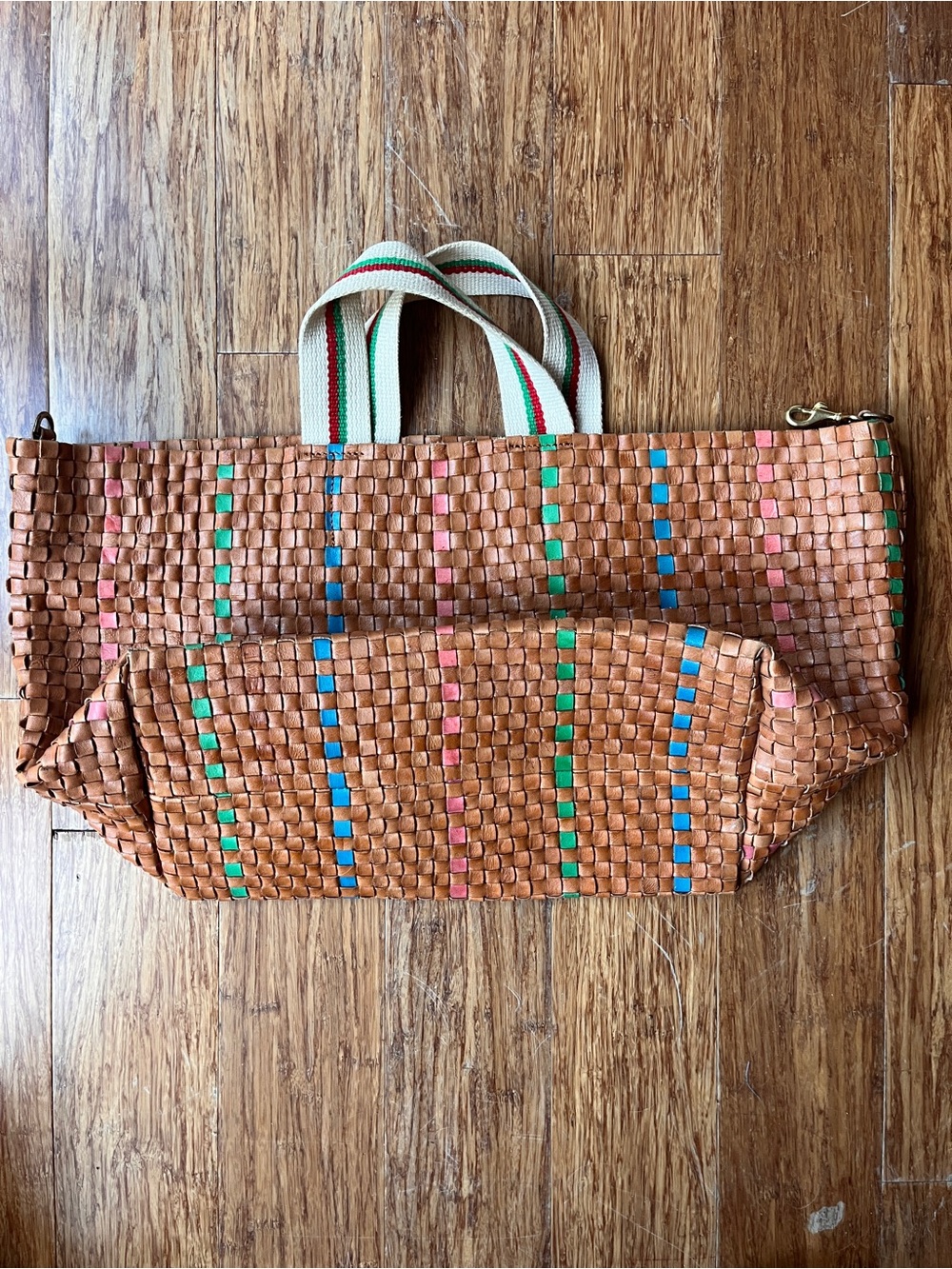 Clare V Woven Bateau Tote Natural with Pink, Blue, Green Accents - Picture 2 of 16